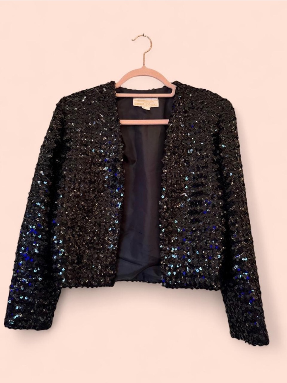 Vintage 80s Black Sequin Evening Jacket Cropped Bolero for Women
